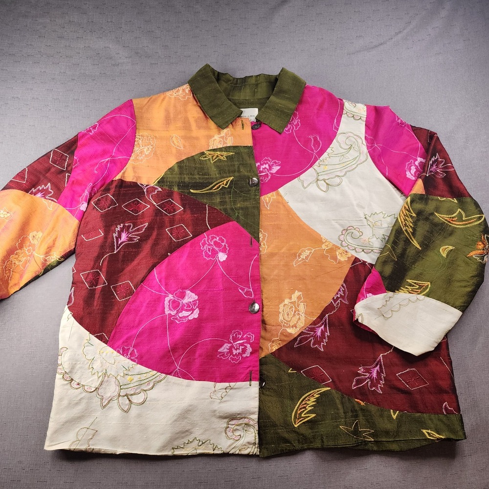 Toto n ko Silk Patchwork Floral Embroidered Shirt Jacket Pink Green Womens 3X
